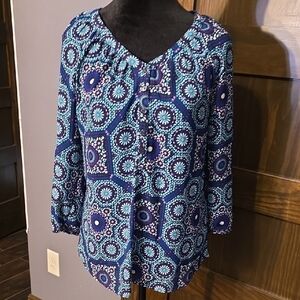 Croft & Barrow Navy and Teal Patterned Blouse